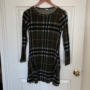 Army green with black, white, and orange striped mini dress